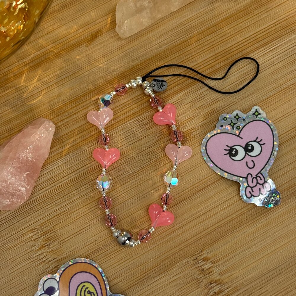 String Ting Teeny Phone Charm w Gemstone Hearts & Sparkly Swarovski Crystals